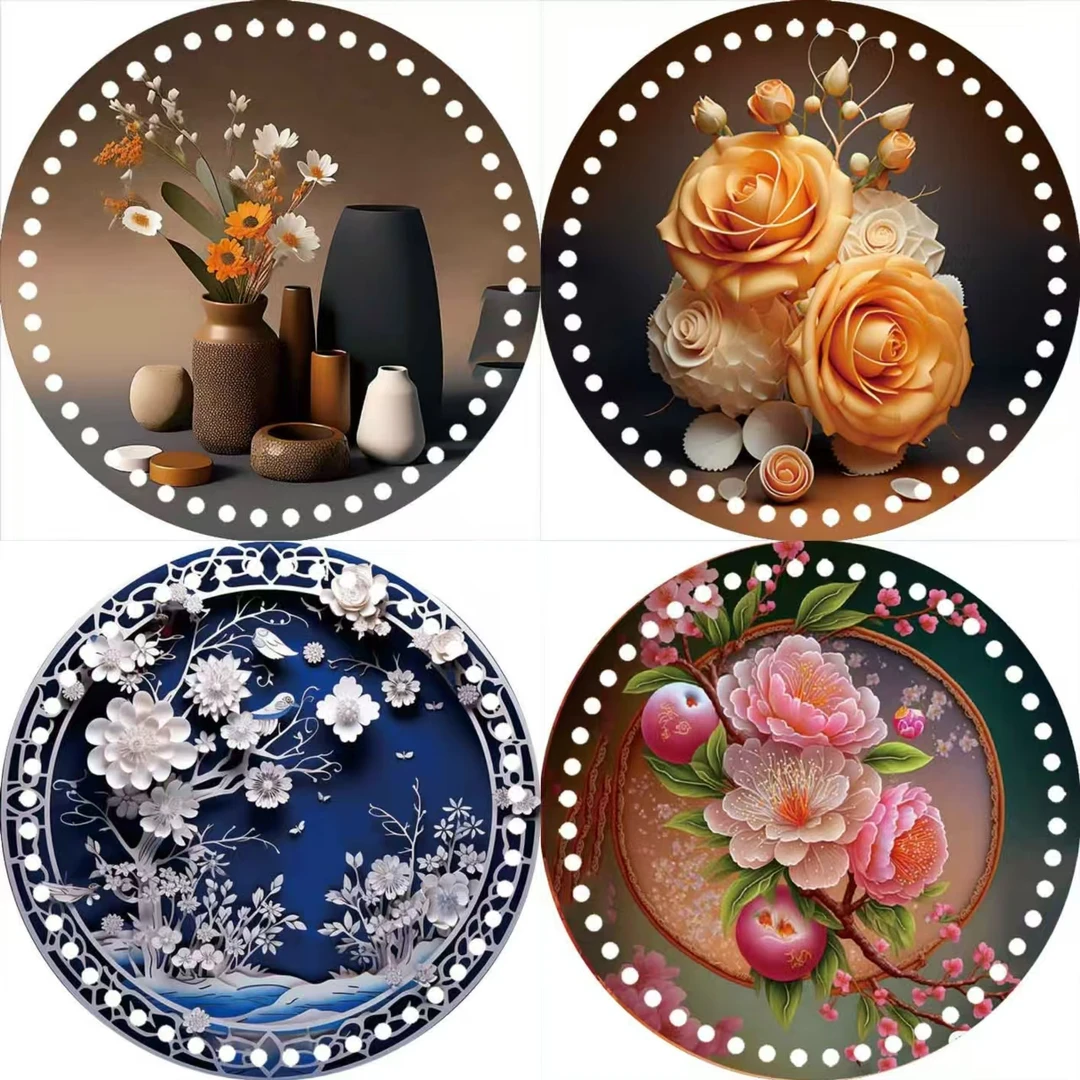 【拍5发6】圆形手工编织材料果盘双面印花亚克力底板藤编水晶板批发