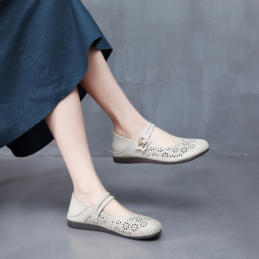 牛皮镂空一字带舒适浅口单鞋女平底复古软底秋款气质高档妈妈鞋