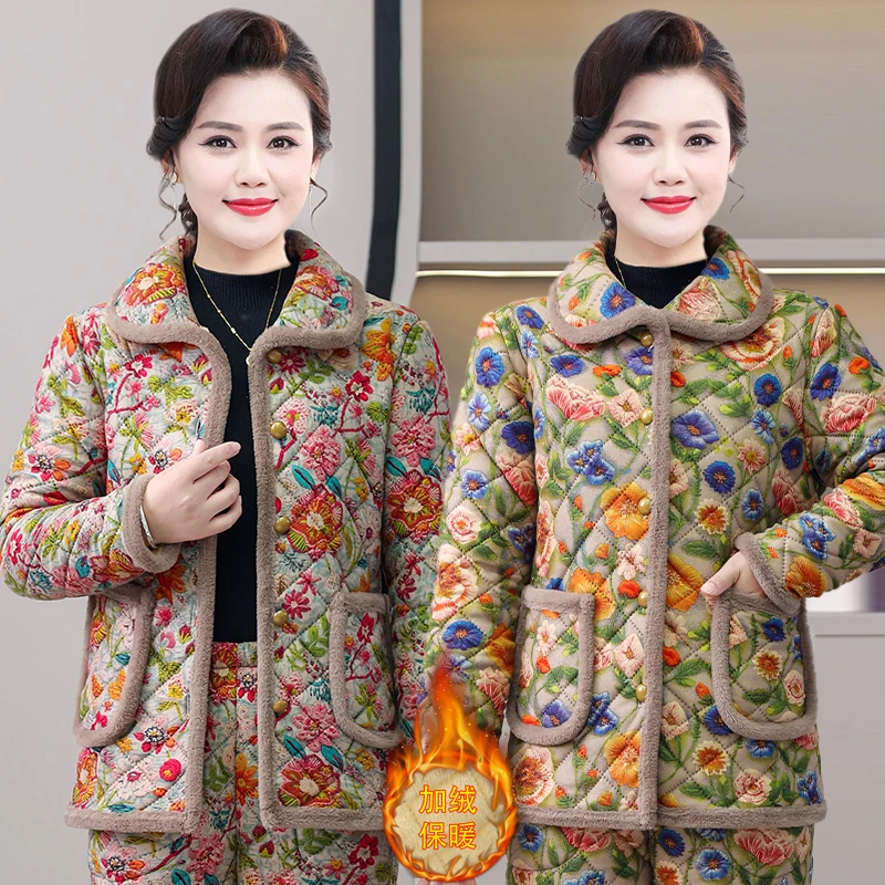 棉袄保暖中老年女加绒花色外套时尚碎花中老年女装气质大码妈妈装