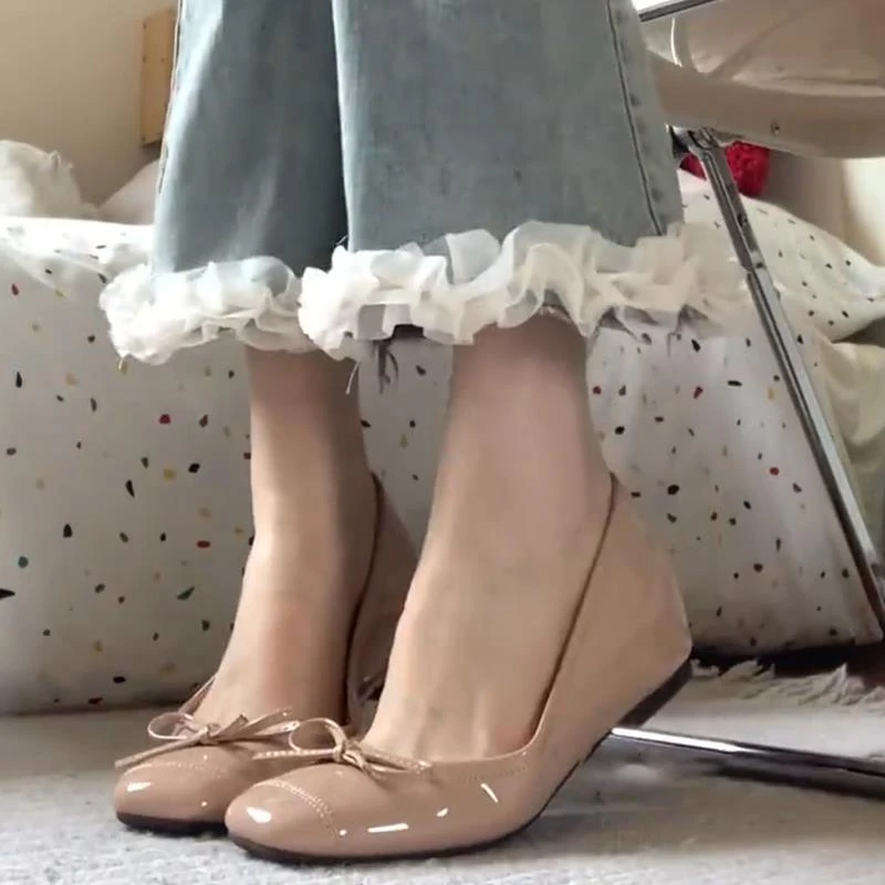 【韩国JTG&Shoes官方正品】一脚蹬软底裸色内增高蝴蝶结浅口单鞋女