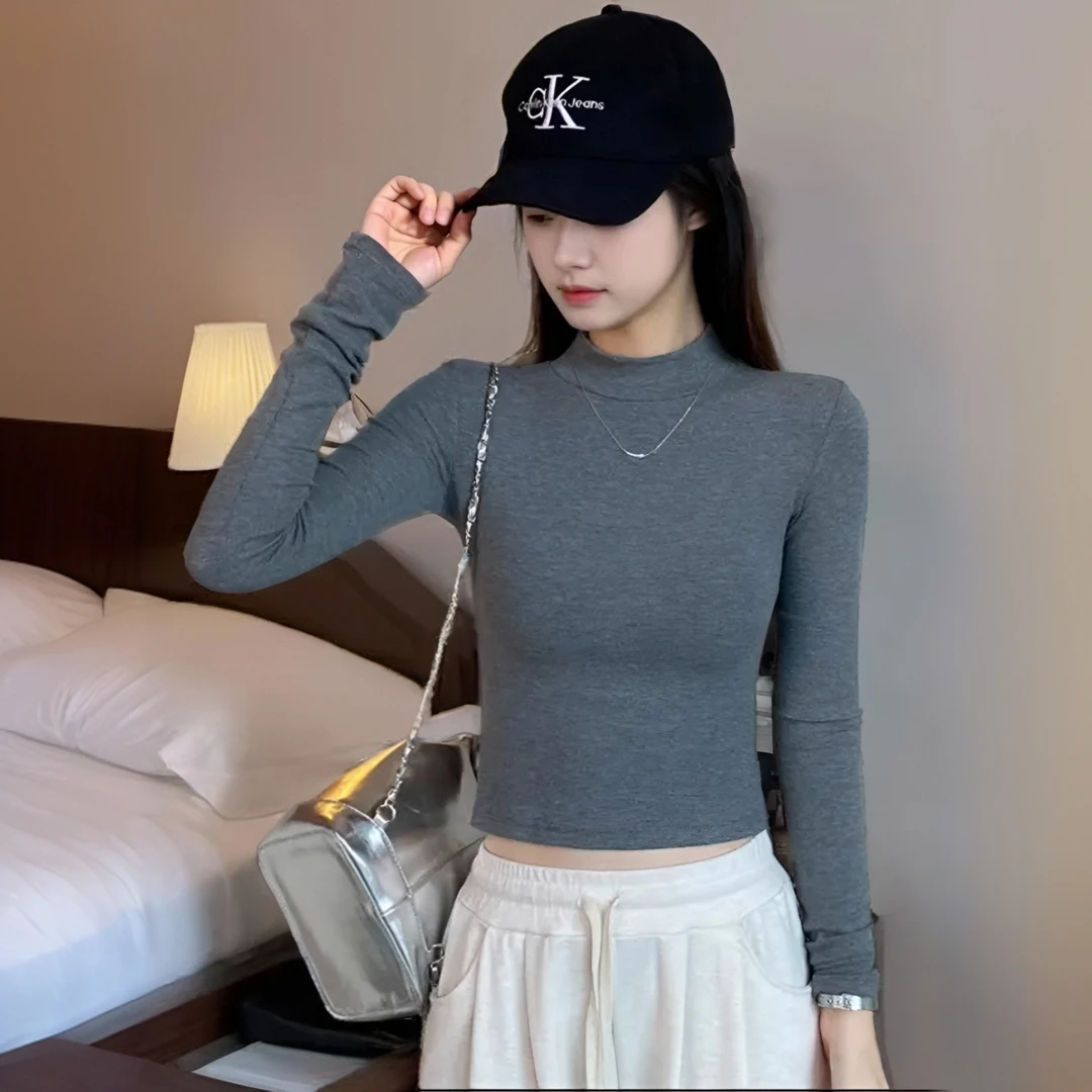 秋冬黑色半高领紧身洋气新款女长袖加绒打底衫短款内搭显瘦上衣潮
