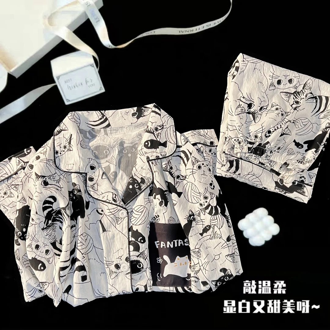 云朵绵睡衣女新款卡通黑猫春秋季甜美可爱长袖长裤家居服可外穿