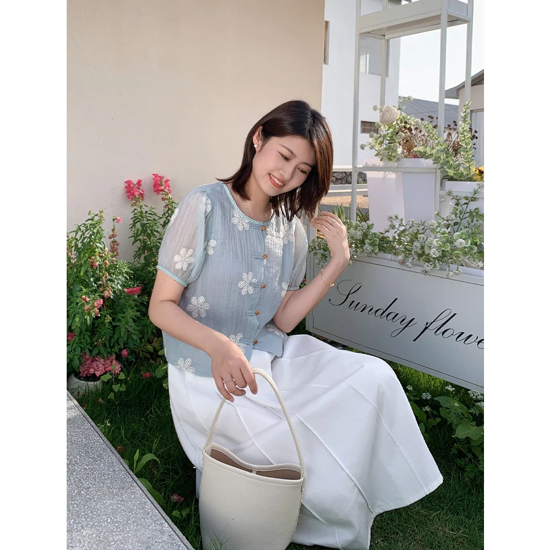 紫璐莱小城夏天~新中式国风盘扣提花百搭小个子短款衬衫上衣夏32X