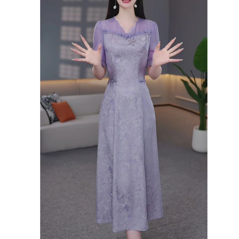 新中式国风提花气质连衣裙女2025夏季新款妈妈装显瘦洋气中长裙子