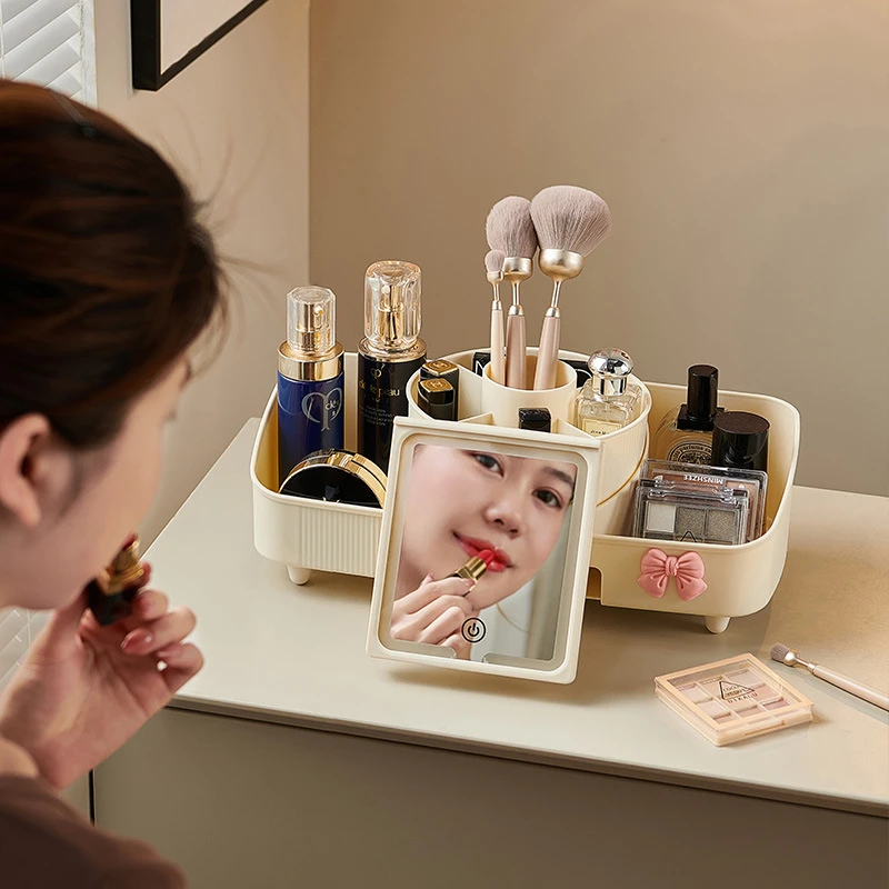 新疆现货包邮简约化妆品收纳盒家用桌面梳妆台收纳盒带镜子