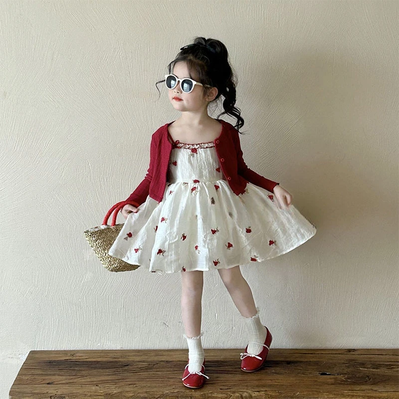 女童开衫红色碎花吊带裙连衣裙2025春夏新款女孩针织衫生日公主裙