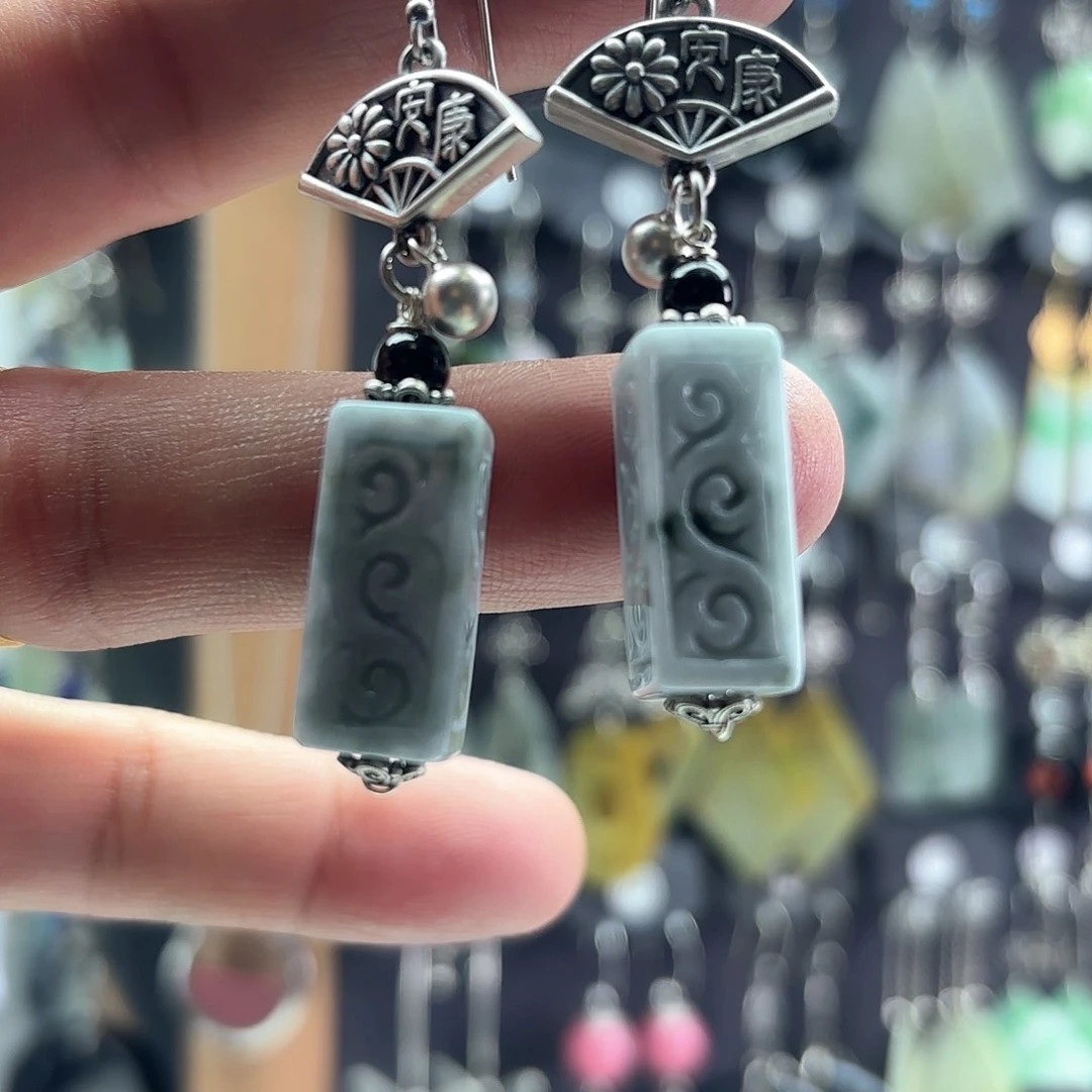 翡翠耳饰银S925镶嵌绿*