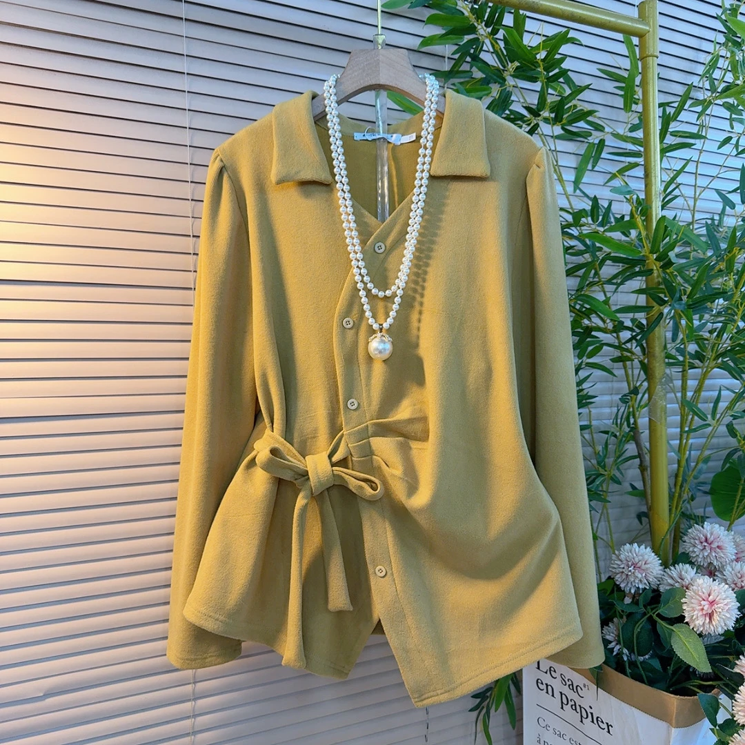 102欧货大码胖妹妹秋冬新款翻领不等式掐褶显瘦设计感百搭衫