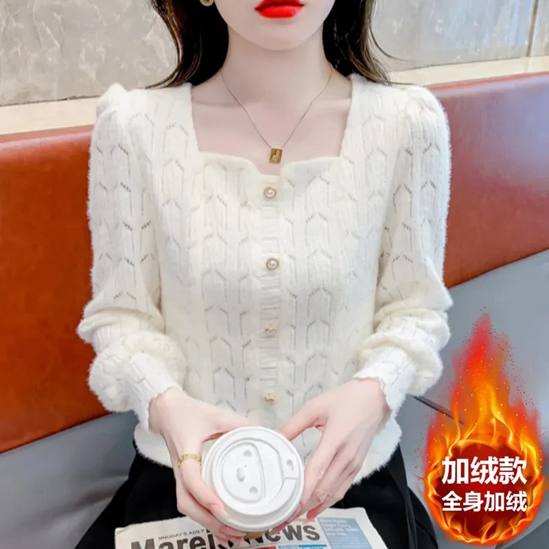 蕾丝新款2024秋冬长袖针织衫小香风设计感不规则修身气质方领上衣