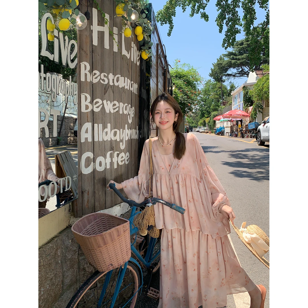 陳文文xenl【胭脂海棠】新中式仙气大摆灯笼袖开衫长裙两件套女0131