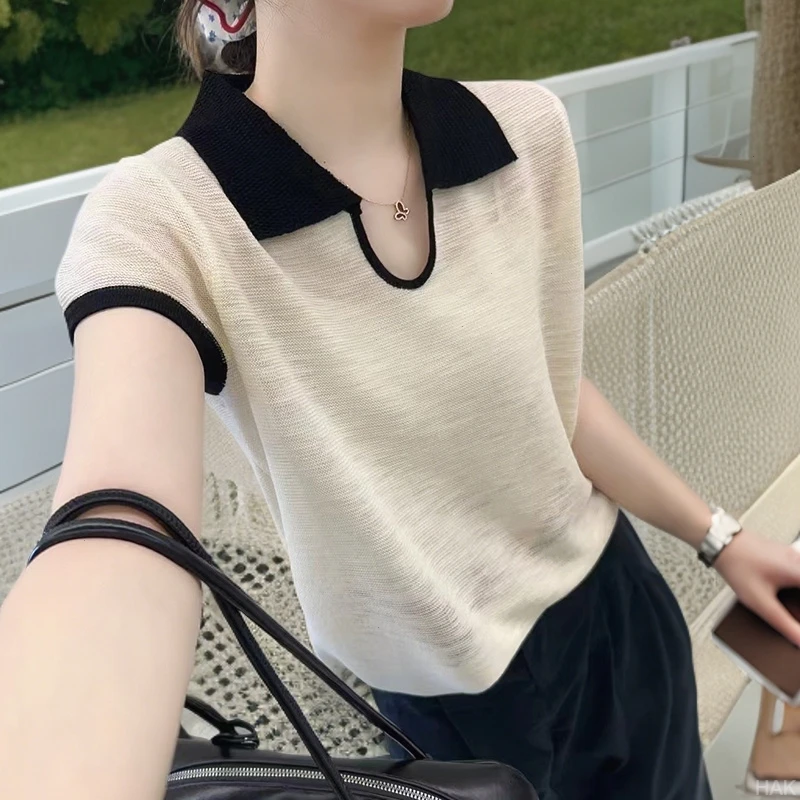 别致翻领撞色拼接设计感薄款针织T恤2025夏季宽松休闲ins正肩上衣