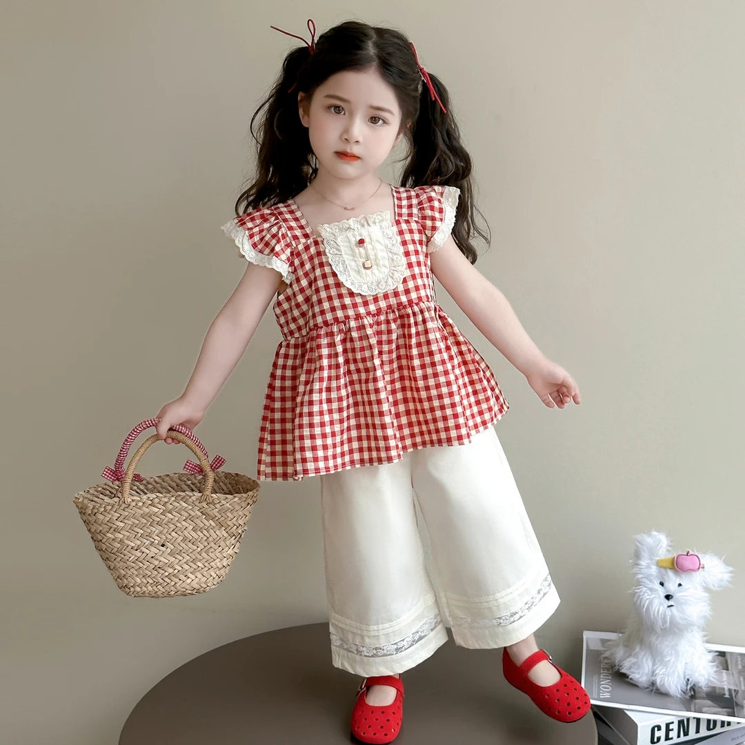 女童飞袖套装夏2025新款儿童洋气格子背心阔腿裤两件套宝宝夏装薄