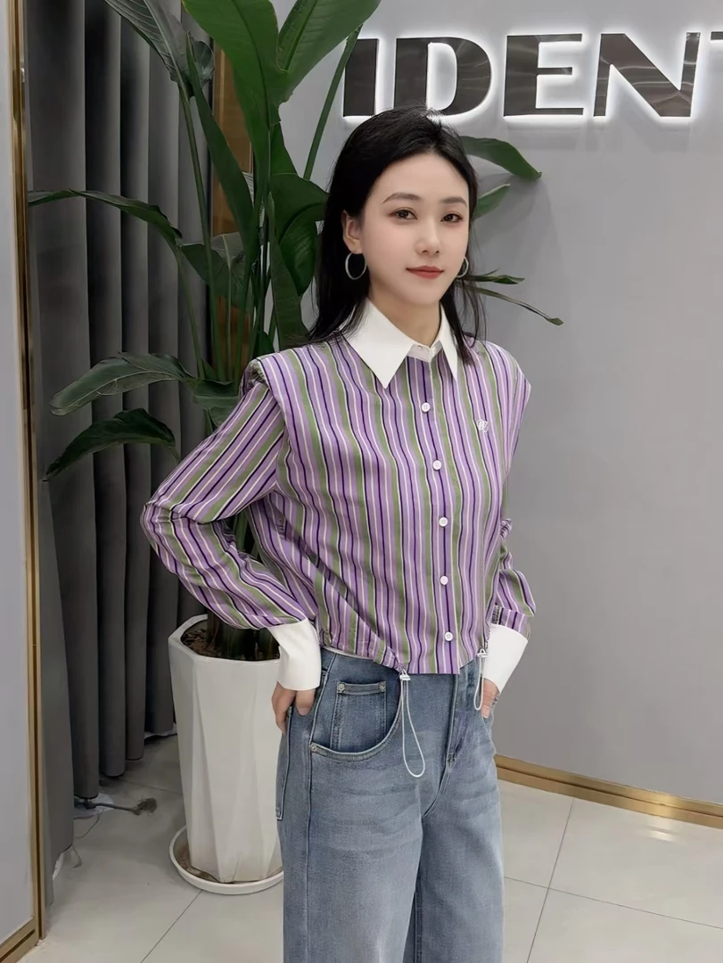 易缔媤/D33459长袖衬衫短款时尚休闲紫色竖条纹气质