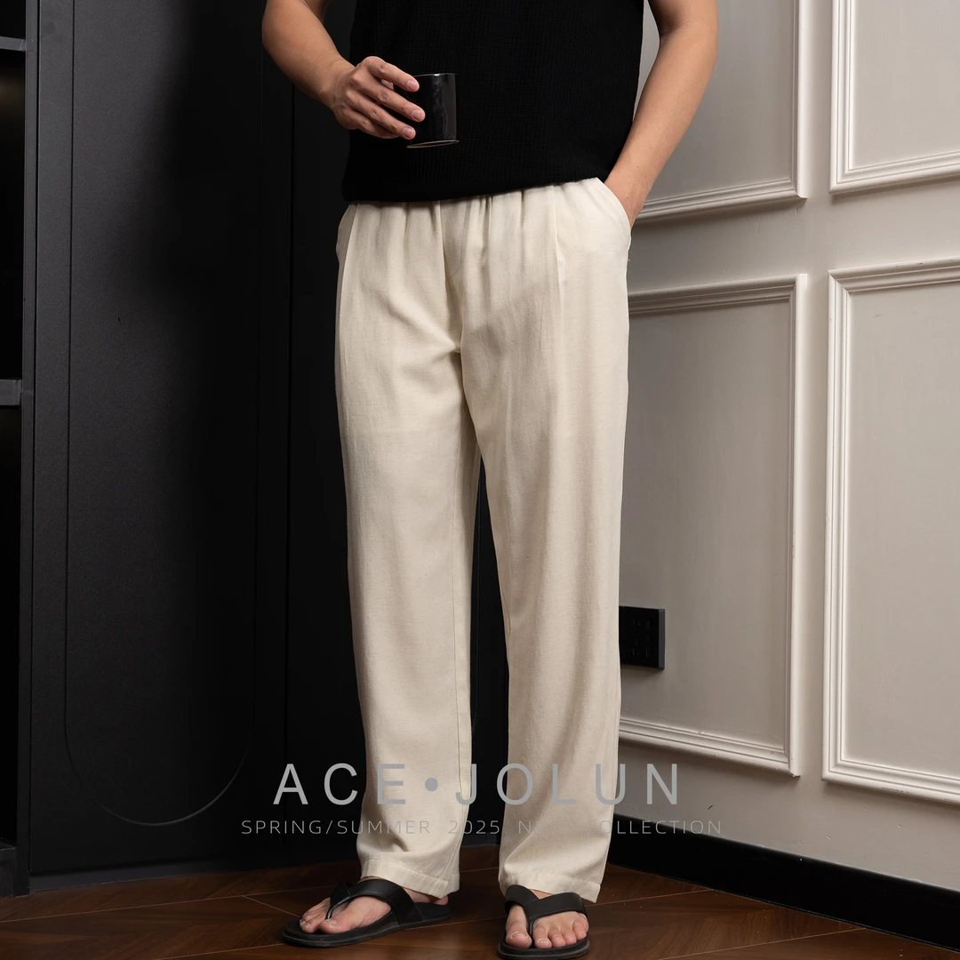 【天丝亚麻】夏季薄款透气休闲裤老钱风宽松清凉直筒裤男士轻奢长裤