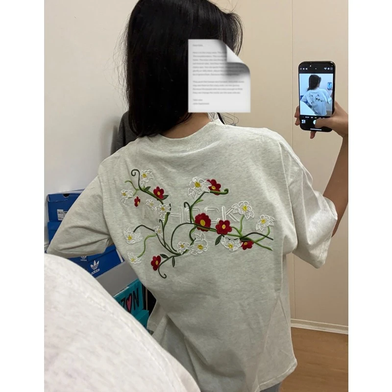 美式街头复古藤蔓花卉刺绣圆领纯棉短袖T恤男女夏季新款宽松上衣