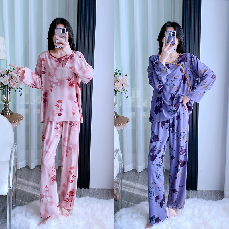 国风睡衣女士夏季棉绸长袖长裤家居服新中式女款两件套装空调服薄