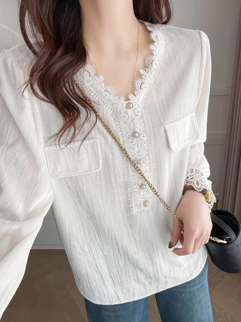 【小李微微胖】甜美风减龄气质蕾丝花边拼接微胖大码女装衬衫衬