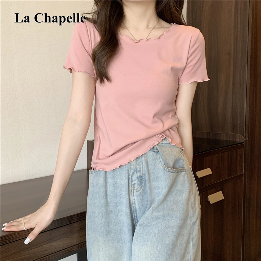 拉夏贝尔木耳边短袖上衣女夏季新款设计感小众时尚百搭显瘦T恤薄