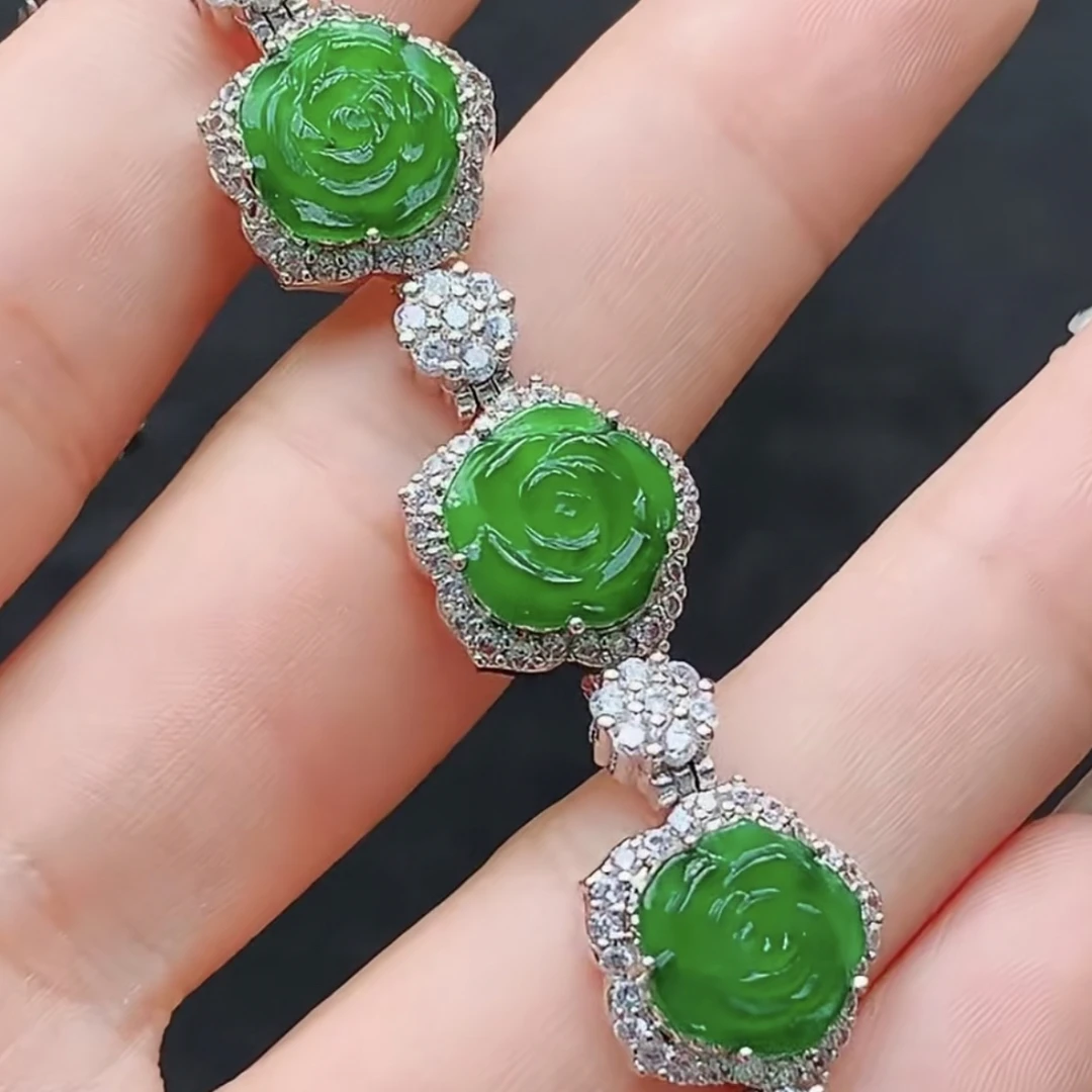 天然翡翠A货冰绿玫瑰花手链