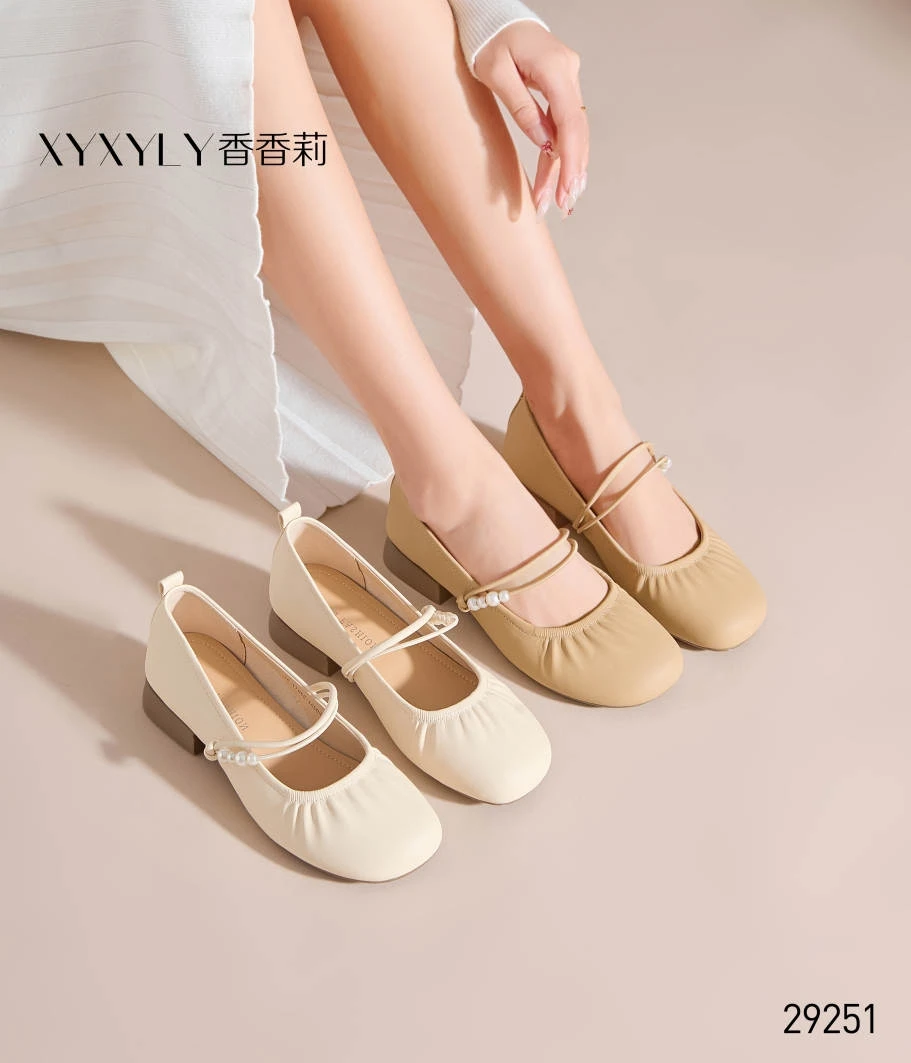 香香莉29251新款女平底单鞋法式温柔休闲褶皱珍珠玛丽珍鞋2025春