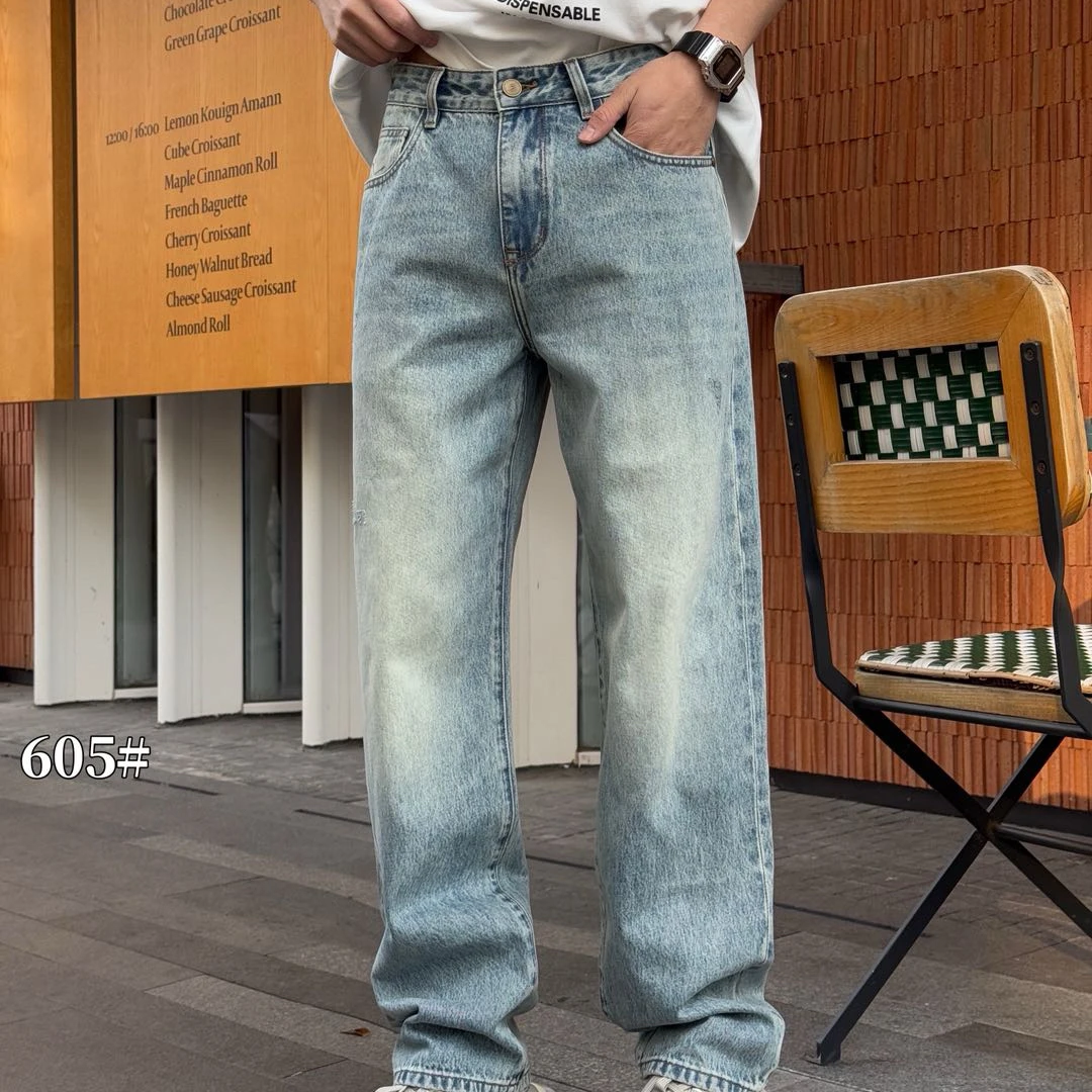 CK605春夏季男士直筒水洗浅蓝色美式宽松复古休闲牛仔长裤显高