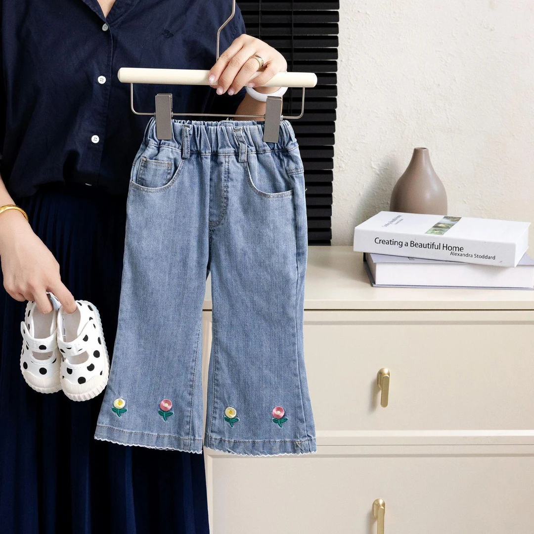 戴维贝贝优选童装女童春秋新款牛仔裤刺绣狗牙裤脚洋气长裤女孩洋