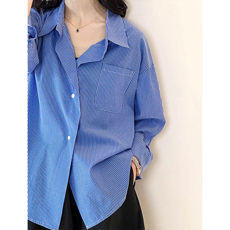 2025早春蓝色条纹衬衫女款韩系气质宽松设计感高级上衣休闲小众
