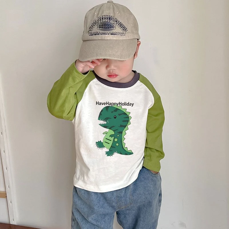 儿童纯棉长袖T恤2025新款恐龙插肩打底衫中小童洋气卡通撞色上衣