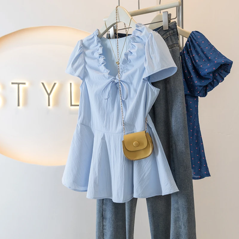 MISU/糜素小个子甜美减龄系带V领小衫上衣女夏时尚百搭泡泡袖衬衫