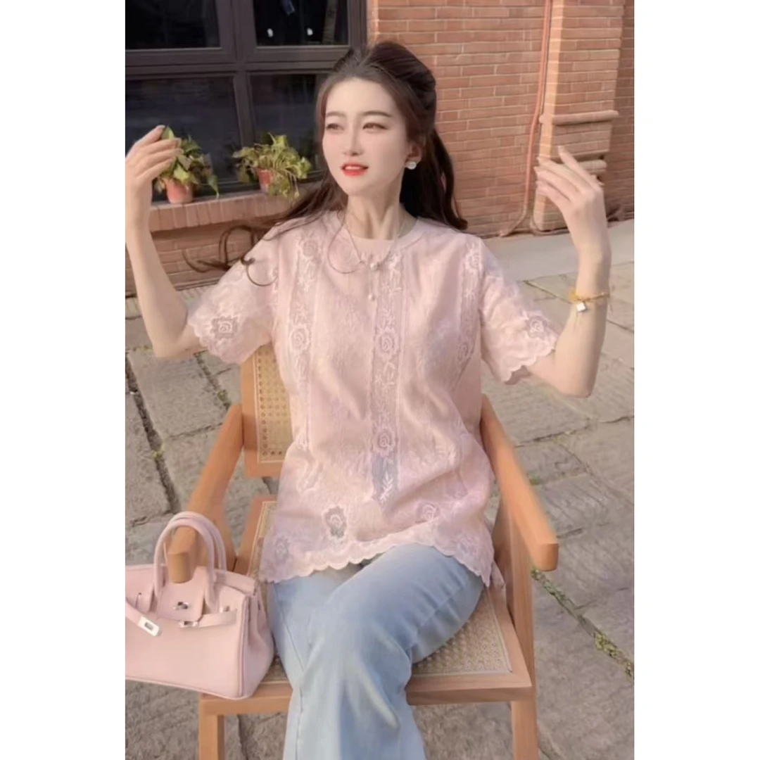 『蜜粉钩花U』时尚气质百搭时尚T恤3241