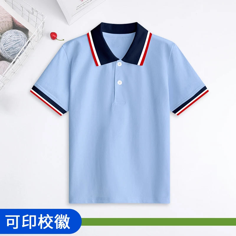 纯棉男女童浅蓝色短袖T恤翻领中大儿童POLO衫初中小学生校服班服
