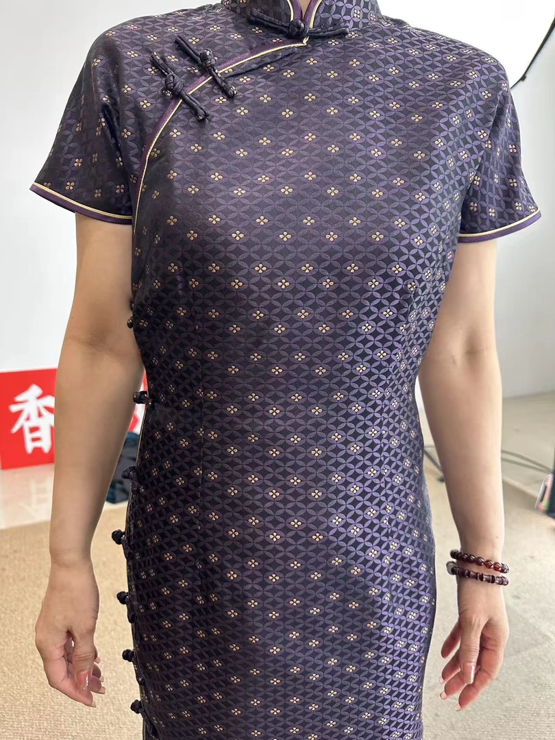 叶辰甄选香云纱  宋锦连衣裙（S231227-003紫七宝）