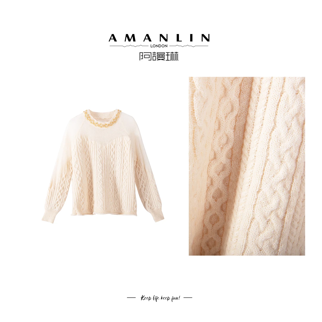 【AMANLIN】气质时尚高级显瘦百搭钉珠ins风洋气针织上衣F595175