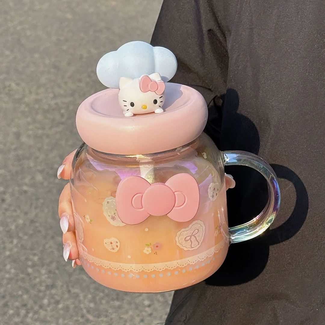 KT猫玻璃杯可爱高颜值2025新款大容量办公室桌面杯学生水杯带把手