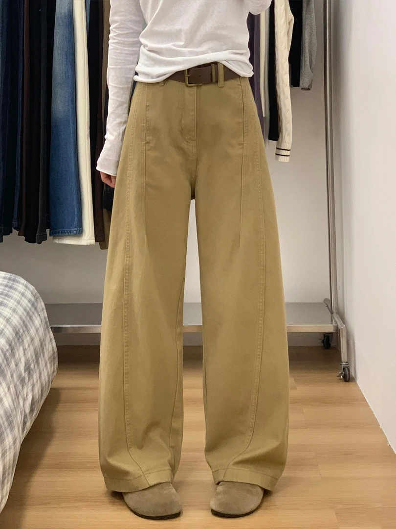 美式卡其色阔腿牛仔裤女秋季新款大码胖mm高腰宽松显瘦直筒弯刀裤