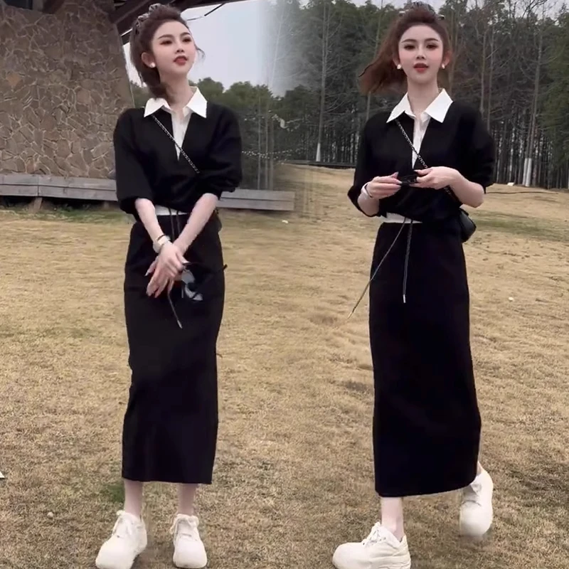 时尚休闲套装裙女2025春季新款洋气显瘦假两件卫衣半身裙两件套潮