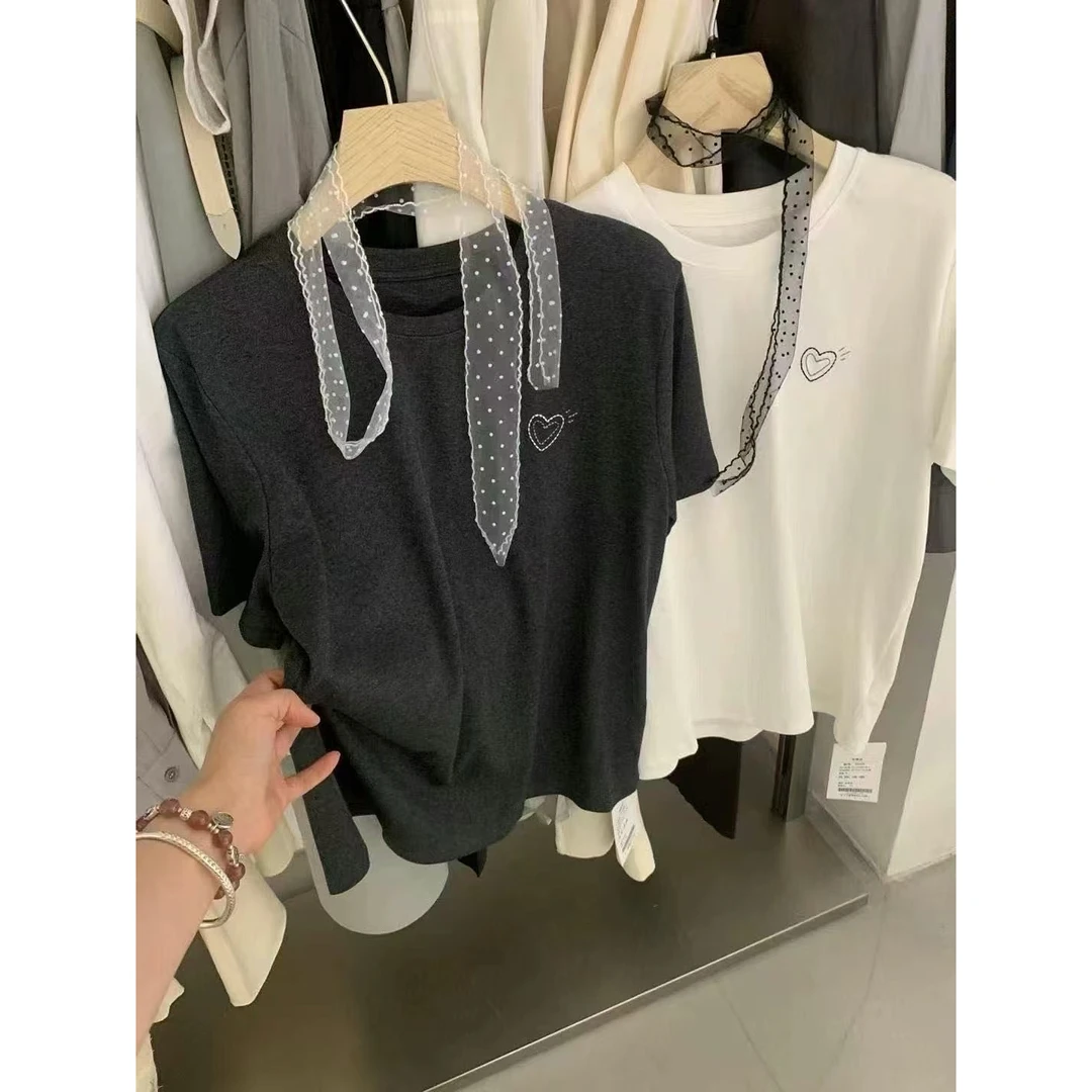 韩国东大门2025早春印花爱心短袖T恤配丝带