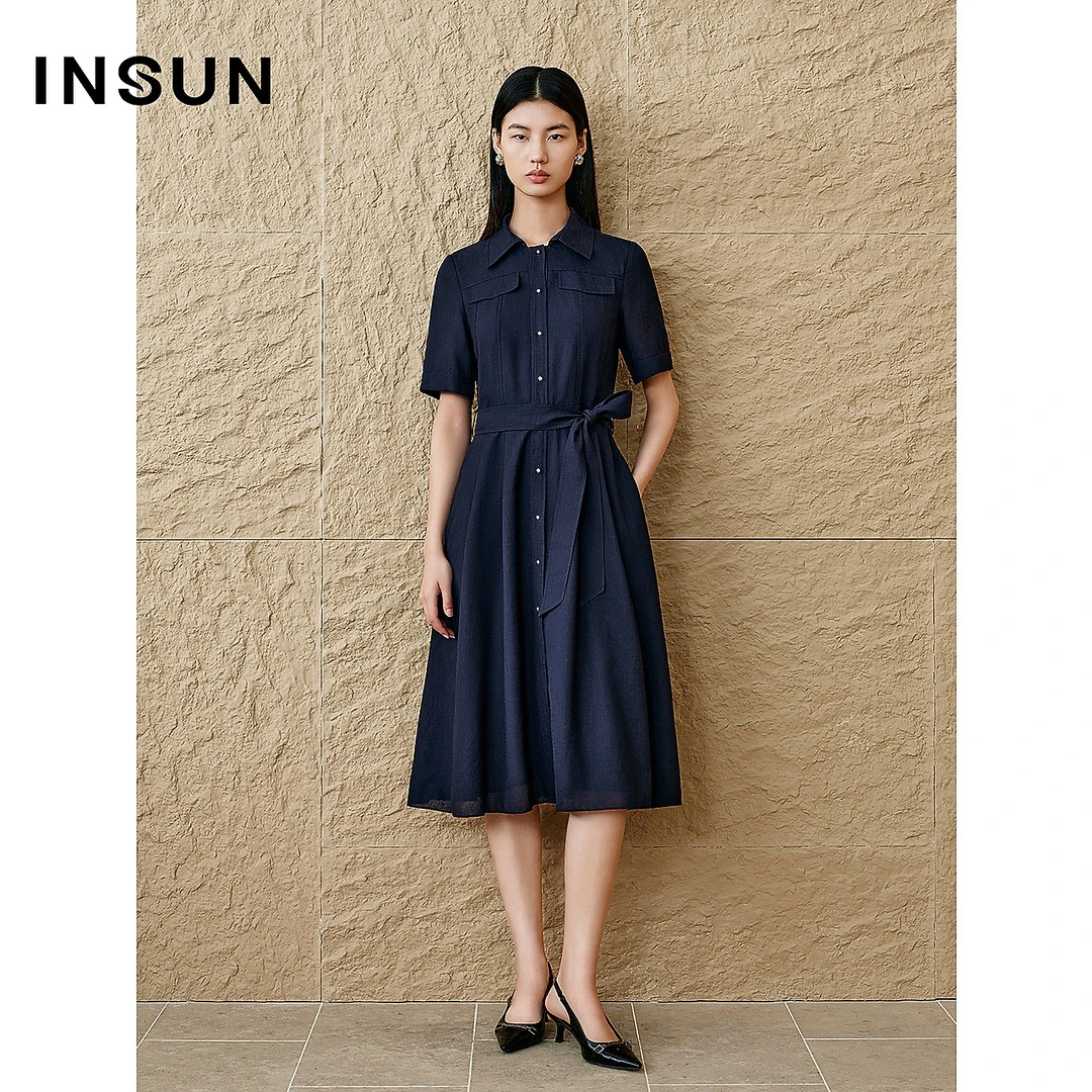 INSUN恩裳专选2025夏季压褶拼接休闲工装风连衣裙