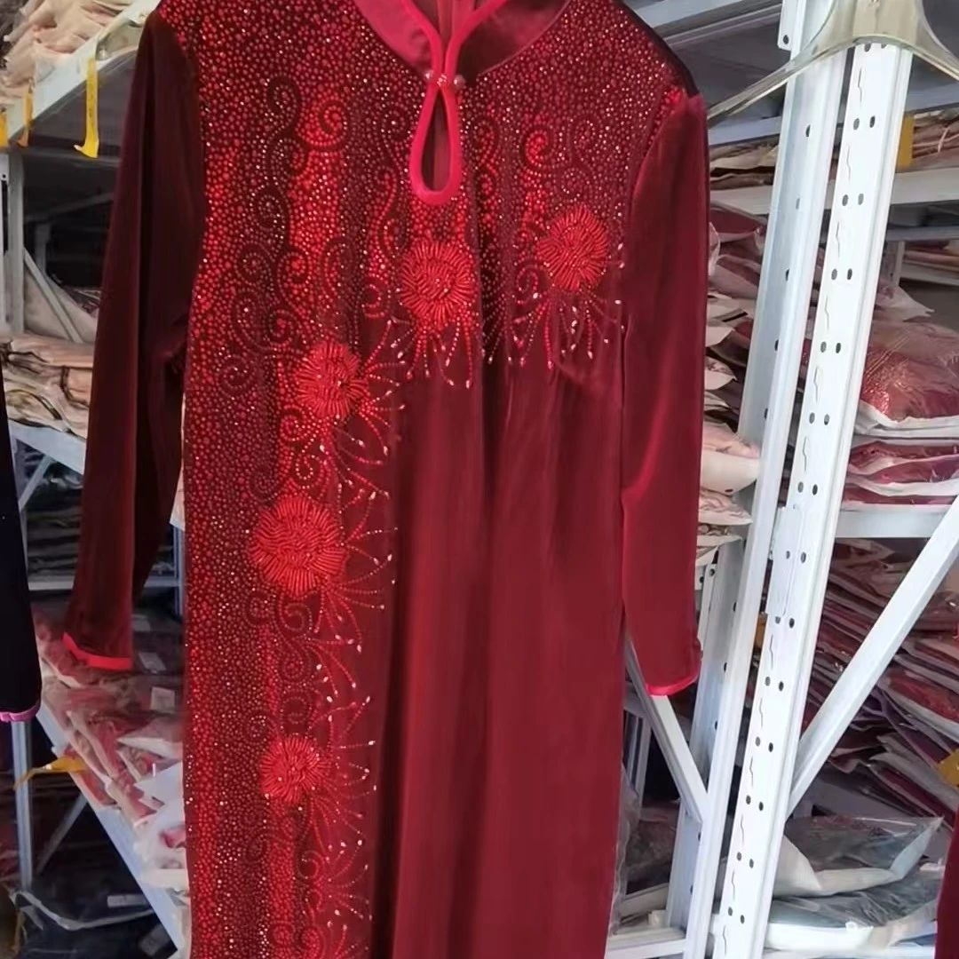 72798丝绒串珠旗袍礼服连衣裙