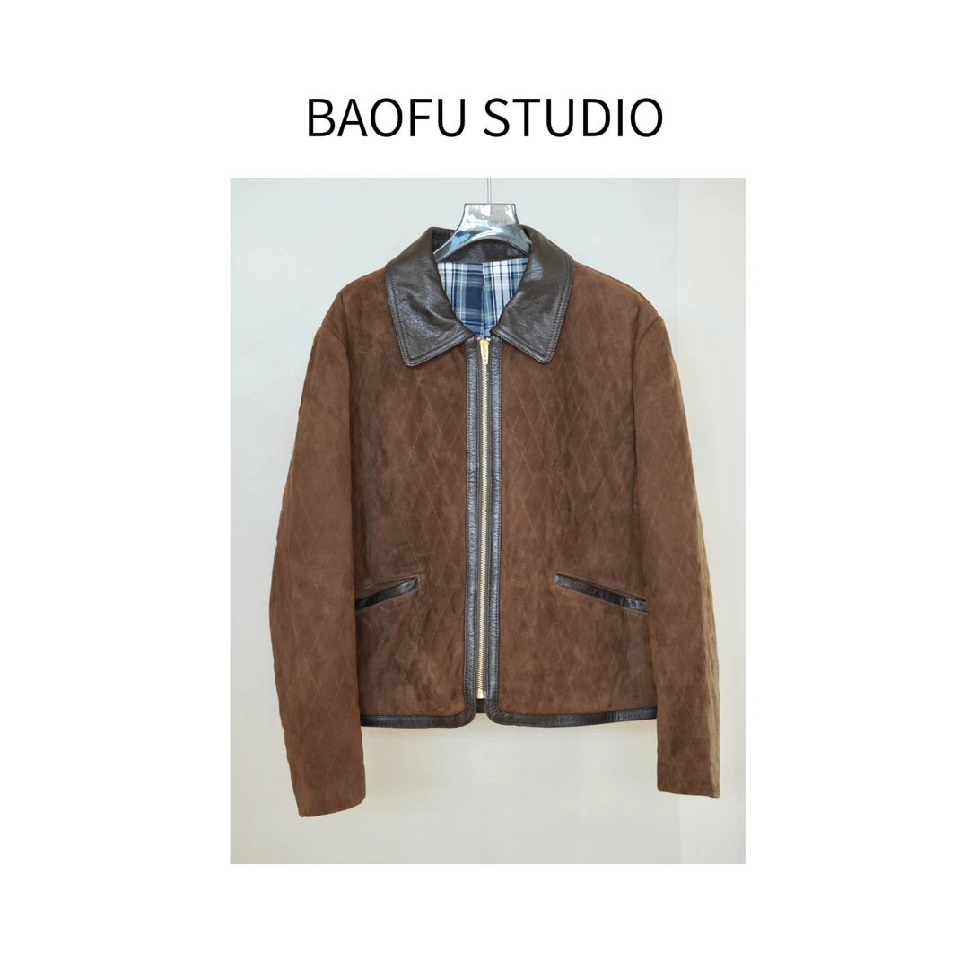 BAOFU studio｜咖色绗缝羊皮翻领夹克正肩羊皮外套