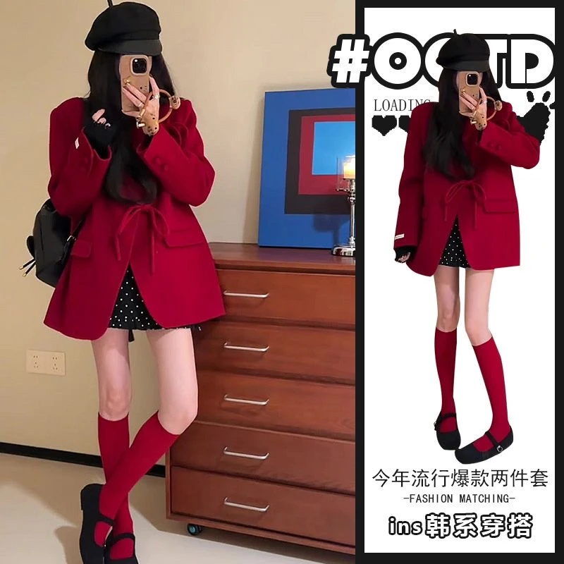 2025过年穿搭一整套女新款中式国风蝴蝶结立领外套显瘦短裙两件套