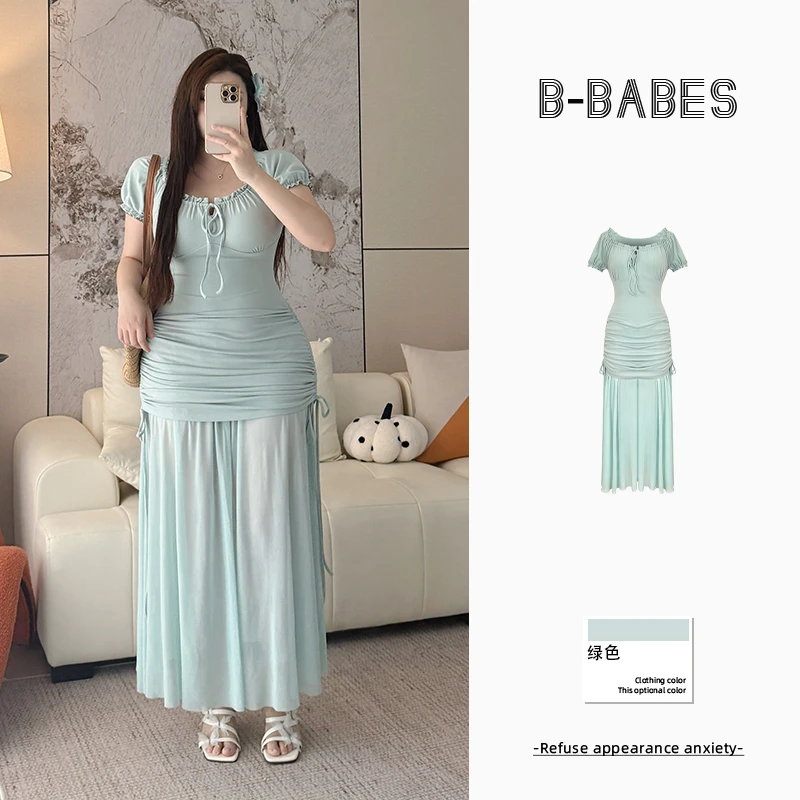 B-babes【栀子香】精致假两件修身微胖收腰网纱方领甜美度假风裙子