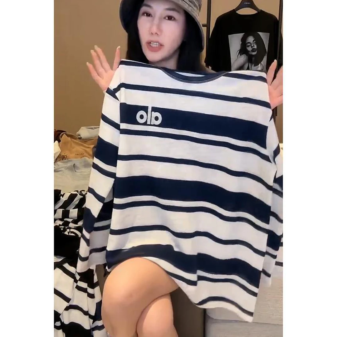 秋装新款圆领字母条纹长袖针织衫女韩版宽松显瘦撞色T恤百搭上衣