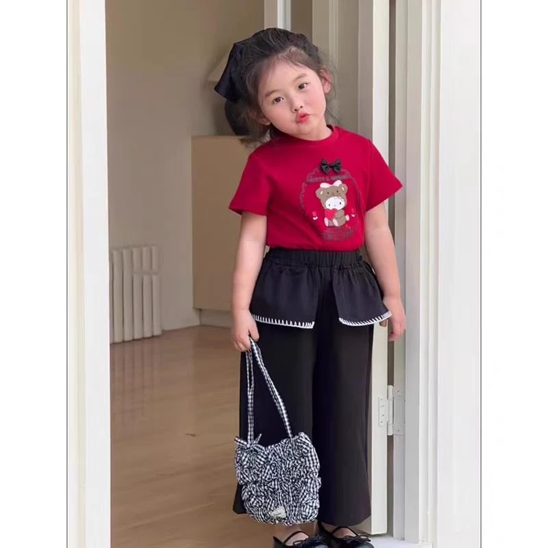 时髦夏季韩版休闲风女儿童印花套头套装网红童装女童红色洋气时尚