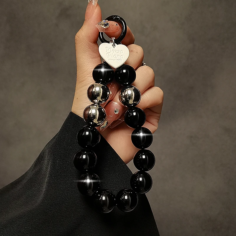 黑色防丢手工串珠手机链挂件短款手腕手提挂链手机壳挂饰手机挂绳