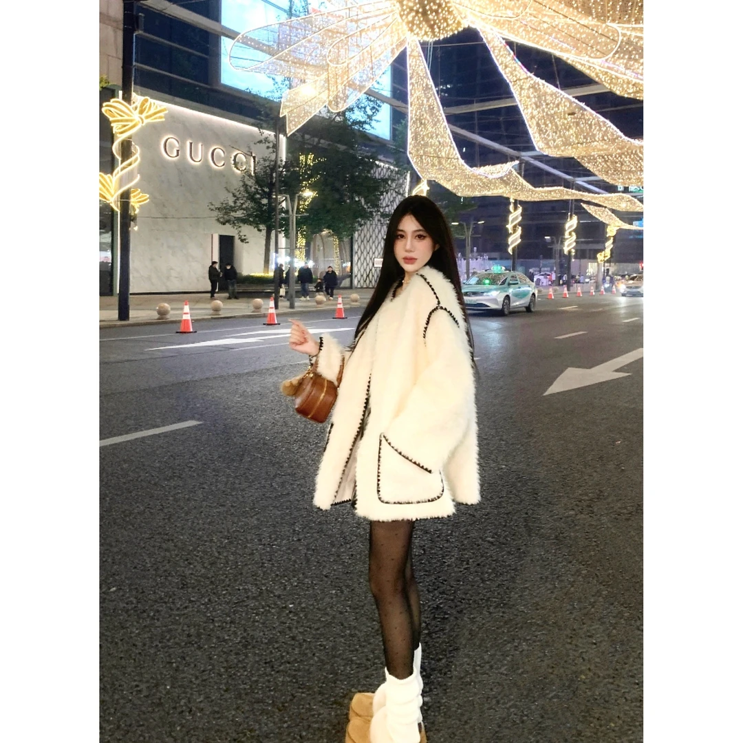 【QIUROUYAO邱肉瑶】 羊羔毛摇粒绒毛绒短款外套女秋冬宽松中长款