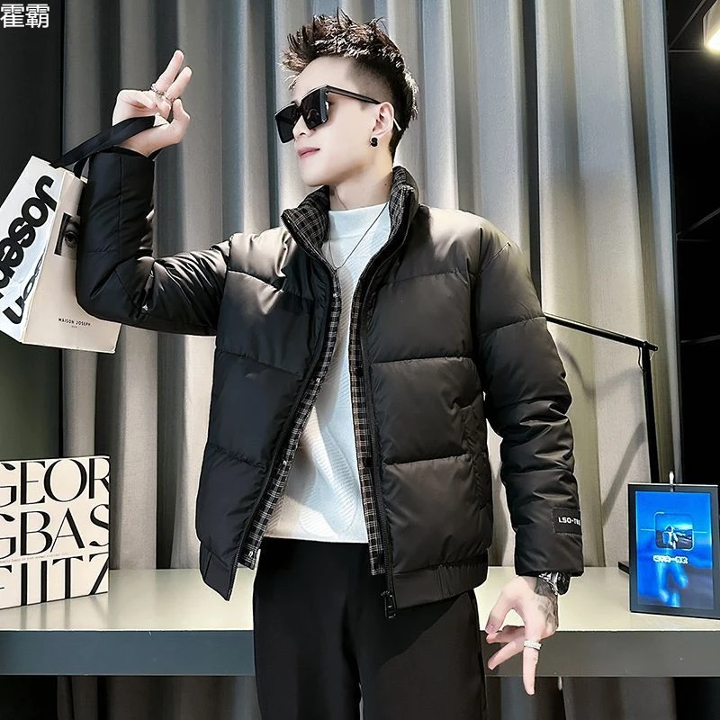 潮牌轻奢高端男士服男士冬季新款帅气小伙拼接格子修身棉衣潮流