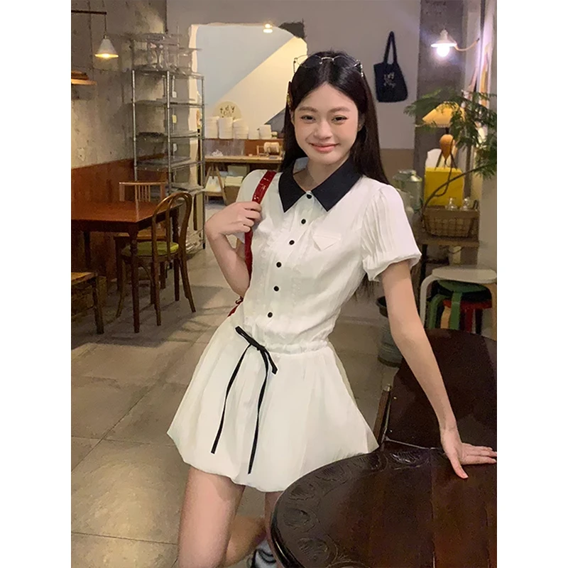 法式小众白色衬衫连衣裙女夏季新款气质收腰显瘦学院风a字短裙子