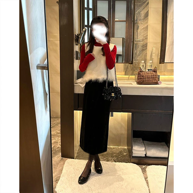 秋冬季女装新款小香风温柔高领打底衫毛衣马甲高腰半身裙三件套装