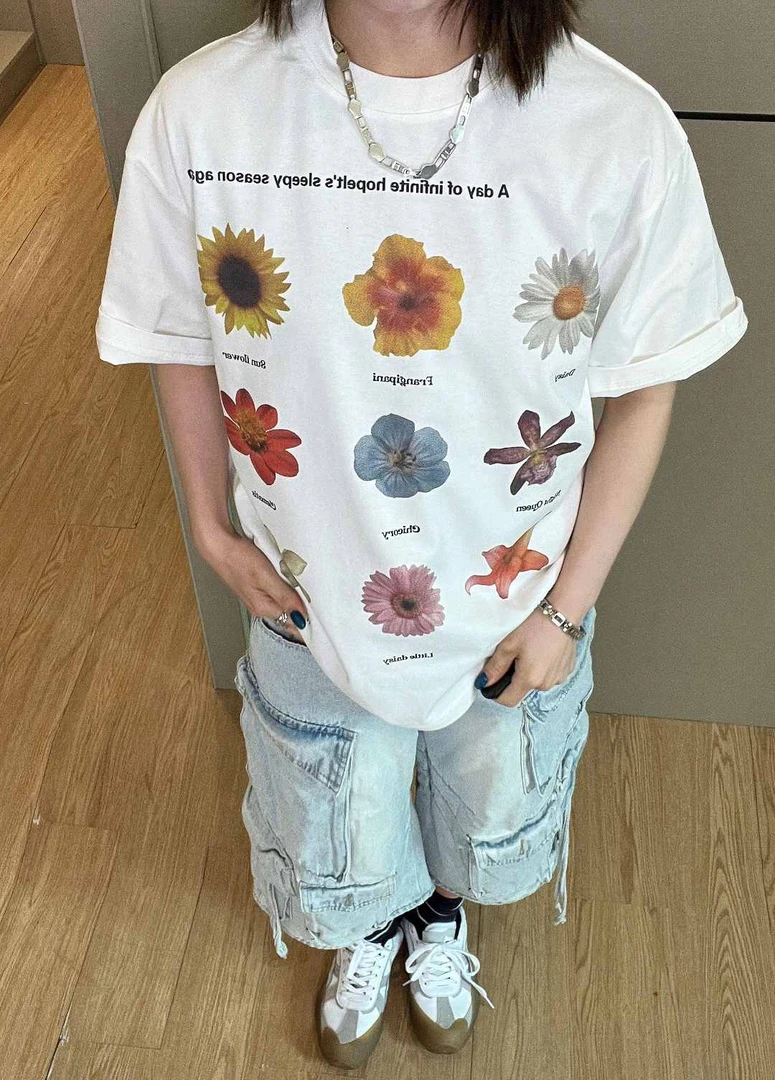 【浪漫鲜花店】美式手绘浪漫鲜花朵印花短袖T恤男女宽松纯棉情侣